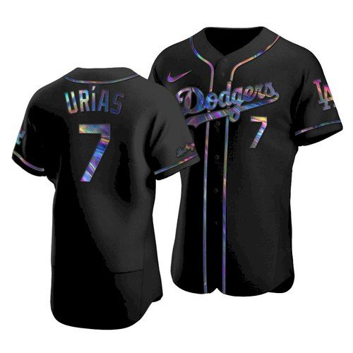 Men's Los Angeles Dodgers #7 Julio Urias 2021 Black Iridescent Logo Flex Base Stitched Baseball Jersey